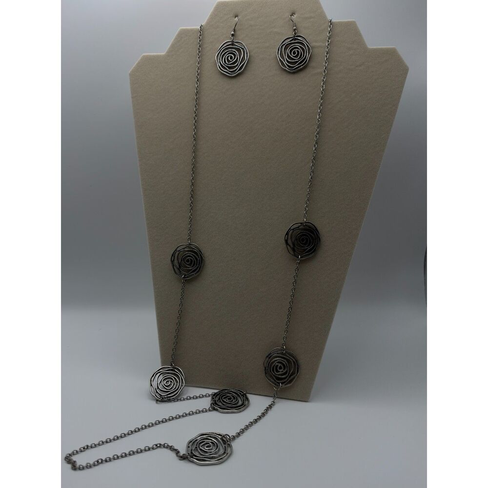 Long Silvertone PURE Brand Necklace and Earring Set